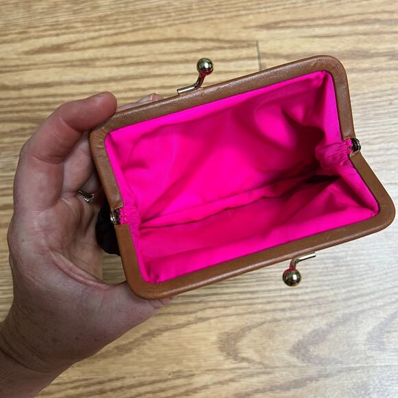 Dooney & Bourke Brown Nylon Leather Framed Kisslock Coin Purse with hot pink in - Picture 5 of 5